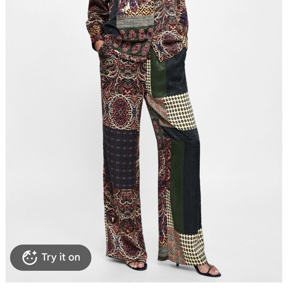 Zara Basic Flowy Printed Patchwork Pants Size XS Bohemian Career Party Indie
